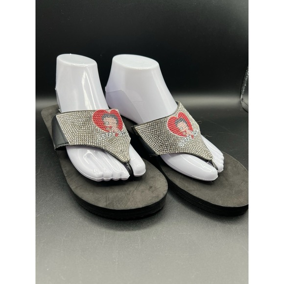 Betty Boop Shoes - BETTY BOOP WOMENS BLACK FLIP FLOP THONG WEDGE SILVER RHINESTONE RED HEART SIZE 9